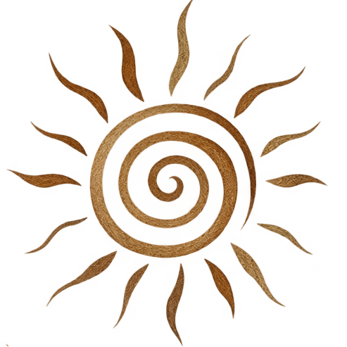 A metallic gold sun image featuring a spiral centre and radiating rays, shown on a plain white background.