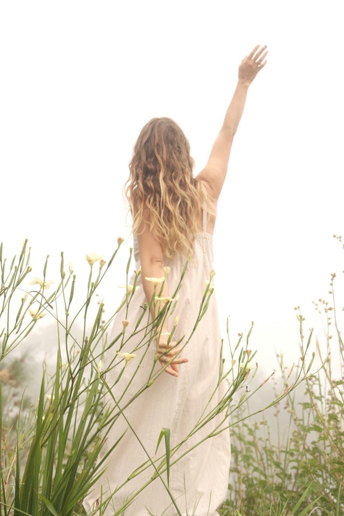 A woman with long wavy blonde hair stands in a field of tall green grass, seen from behind, wearing a flowing white dress and reaching her arm toward a bright, hazy sky.