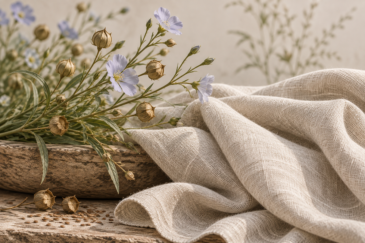 A draped beige linen cloth with a rustic woven texture, styled in a rustic wooden bowl with dried flowers and green stems against a soft beige background.