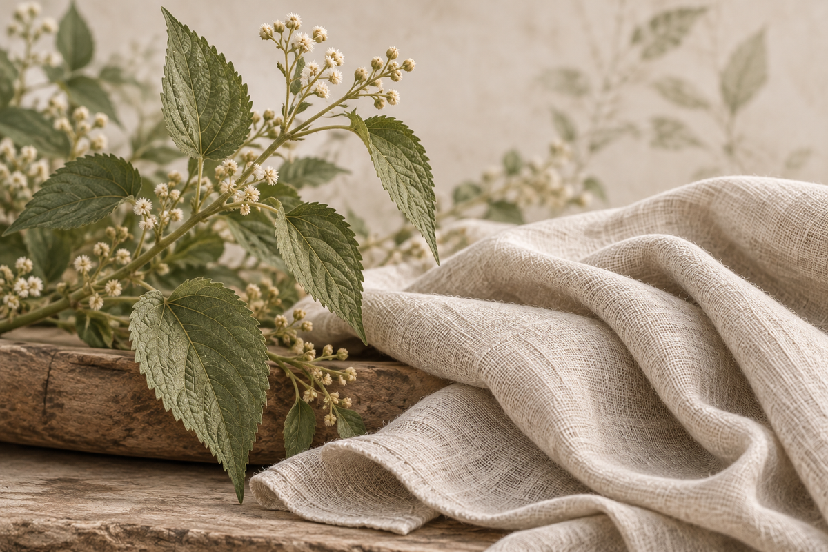 A draped beige ramie cloth on a rustic wooden surface with green ramie leaves and small white flowers in the foreground and a softly blurred botanical background.