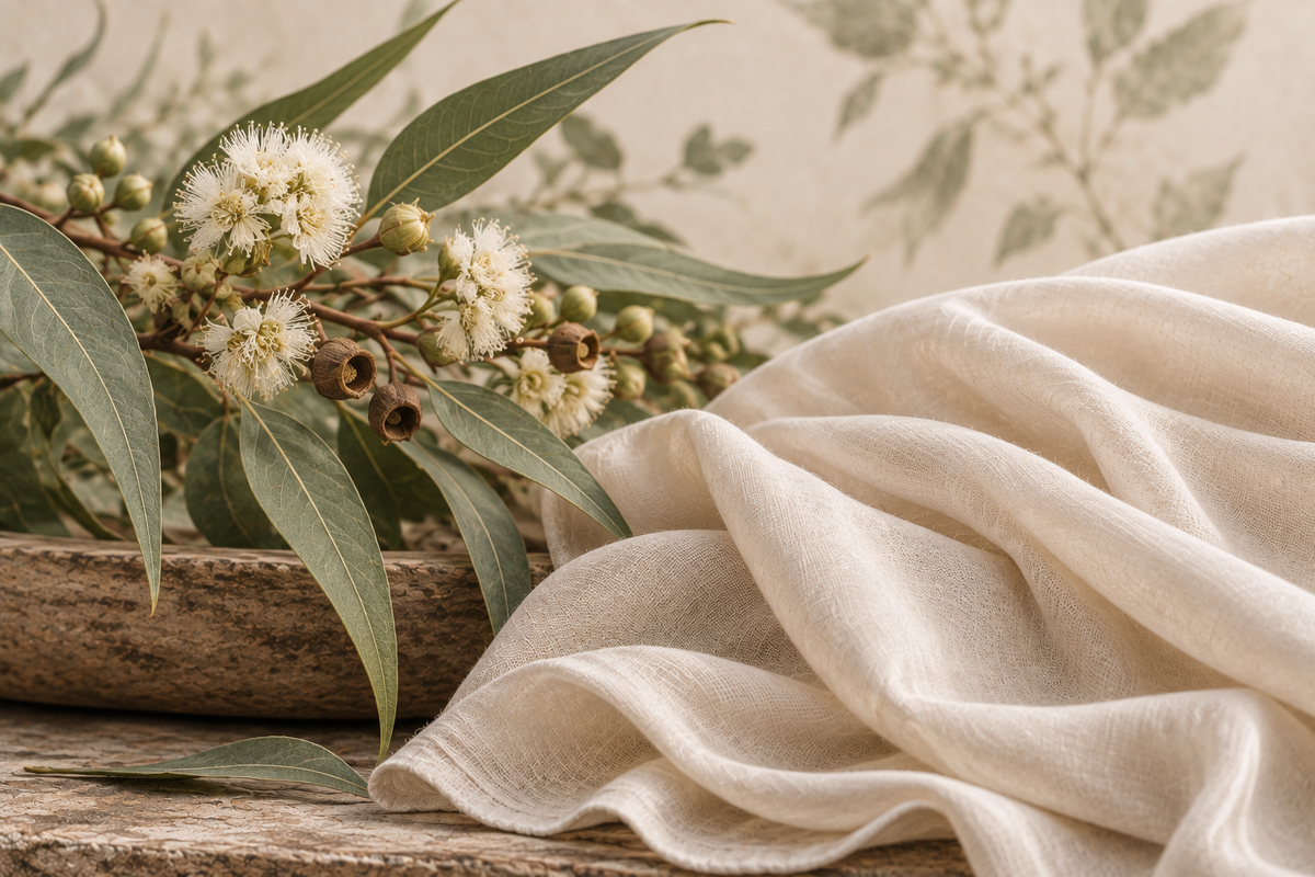 A draped cream-coloured viscose fabric with a soft, textured weave, styled on a rustic wooden surface alongside green eucalyptus leaves and white flowers against a floral wallpaper background.