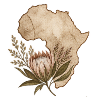 An illustrated vintage-style design featuring a sepia-toned map outline of Africa with botanical elements and a protea flower, shown on a plain white background.