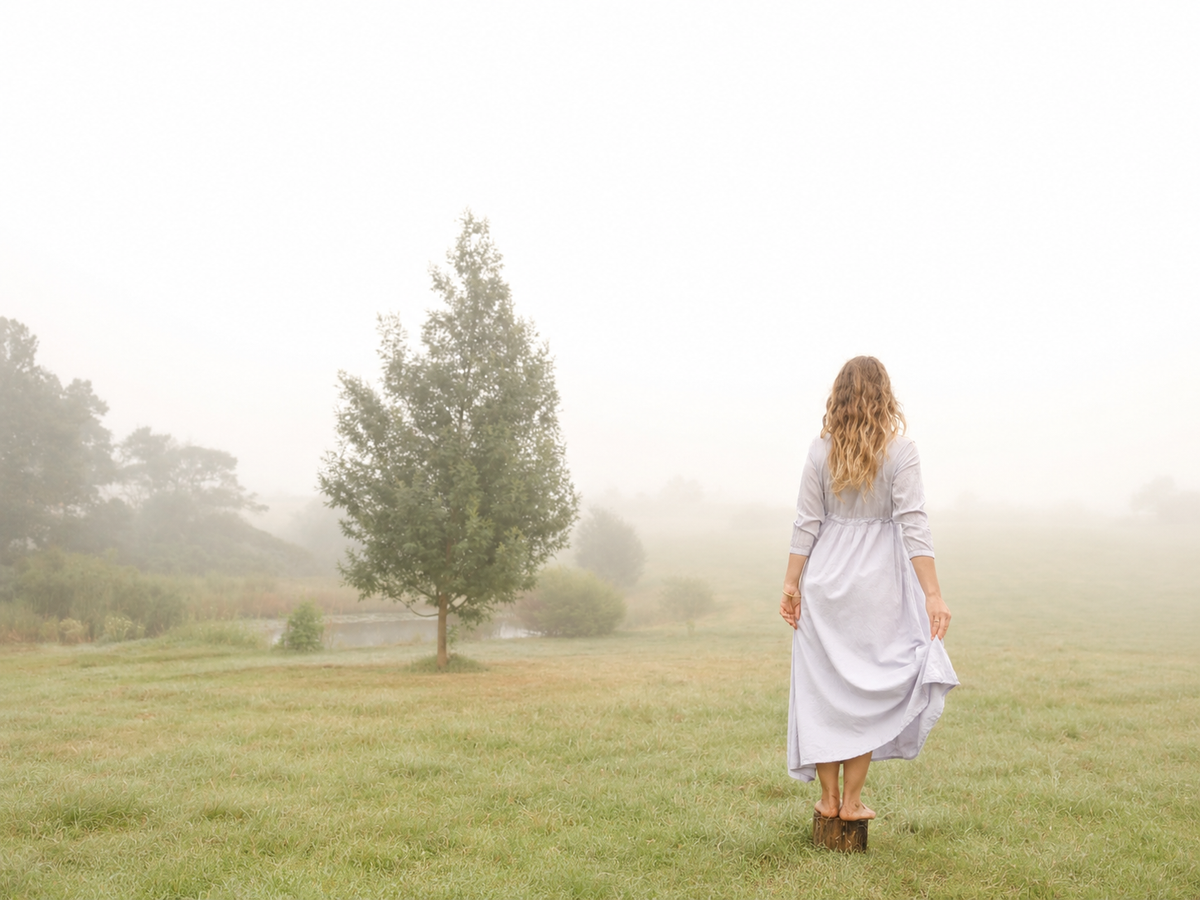 A woman in a long pale blue dress stands barefoot on a tree stump in a misty green field, looking toward a tree in the fog.
