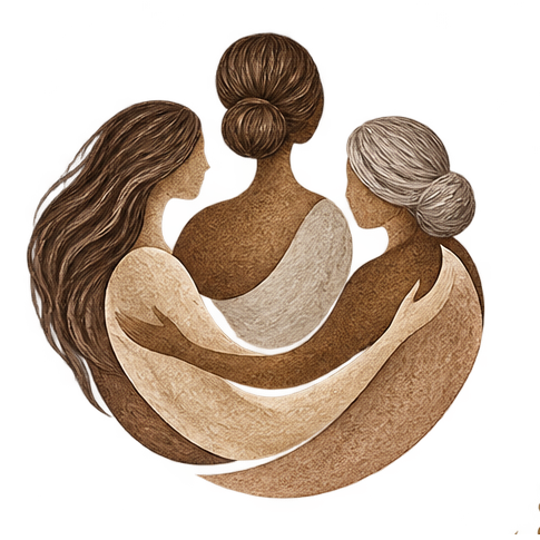 An illustration of three women embracing from behind, shown in profile with long brown, medium brown, and light gray hair, set against a solid white background.