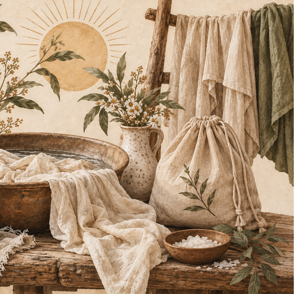 A rustic, bohemian-style laundry scene featuring a large bronze washbasin filled with white fabric, a beige drawstring bag with botanical leaf prints, a wooden brush, soap, and towels draped over a table against a warm beige background with a sun and floral illustration.