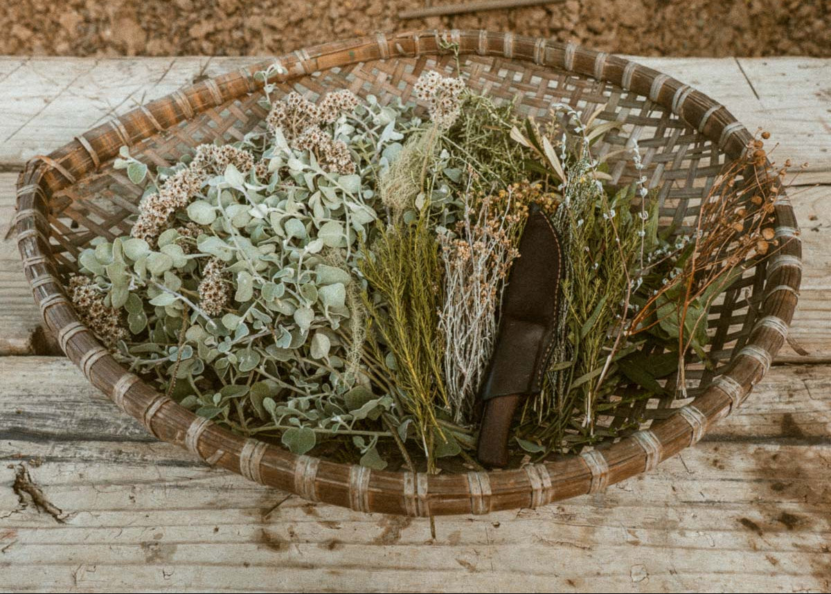 A woven oval basket filled with dried botanicals and a small knife wrapped in  a dark brown leather pouch, placed on a rustic wooden surface with a natural outdoor background.