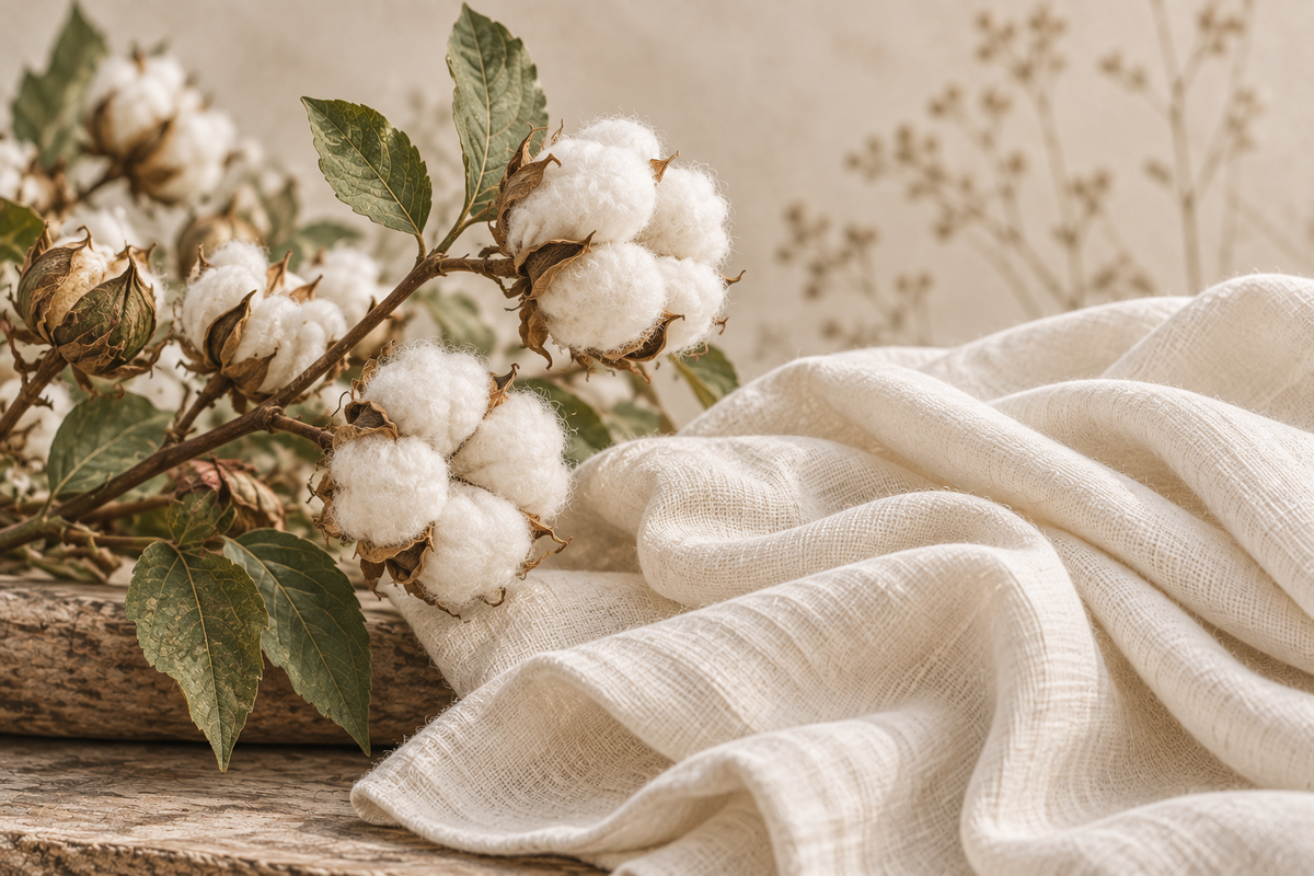 A draped cream-colored cotton fabric next to a branch of white cotton bolls with green leaves, set on a rustic wooden surface against a warm beige background.