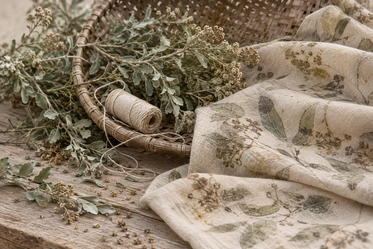 A draped piece of cream-colored linen fabric with a muted sage green botanical leaf pattern, styled on a rustic wooden table alongside a woven basket, twine, and dried flowers.