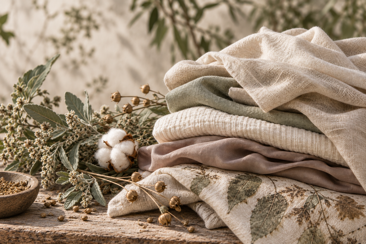 A stack of folded natural linen and cotton fabrics in soft neutral tones, styled on a rustic wooden surface with dried botanicals, cotton bolls, and a small bowl.