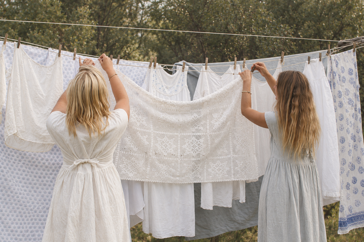 Two women in white dresses hanging white lace and patterned textiles on a clothesline outdoors, with trees in the background.