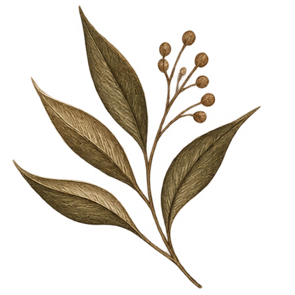 A botanical illustration of a leafy branch with elongated olive-green leaves and small round brown buds, shown on a plain white background.